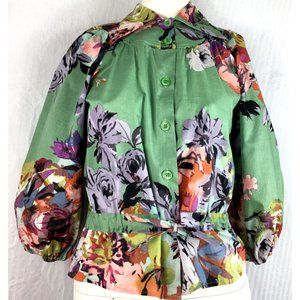 Etro Does 30s Floral Blouson Point Lapel Peasant Botanical Print Cotton Blouse